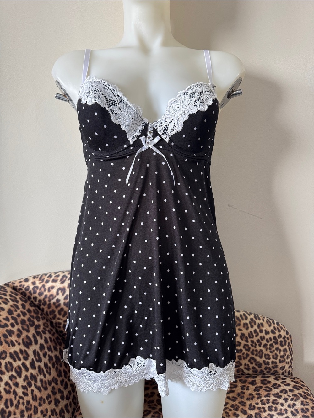 Y2K Black Polka Dot Lace Trim Chemise Babydoll Mini- White Lace Accents
